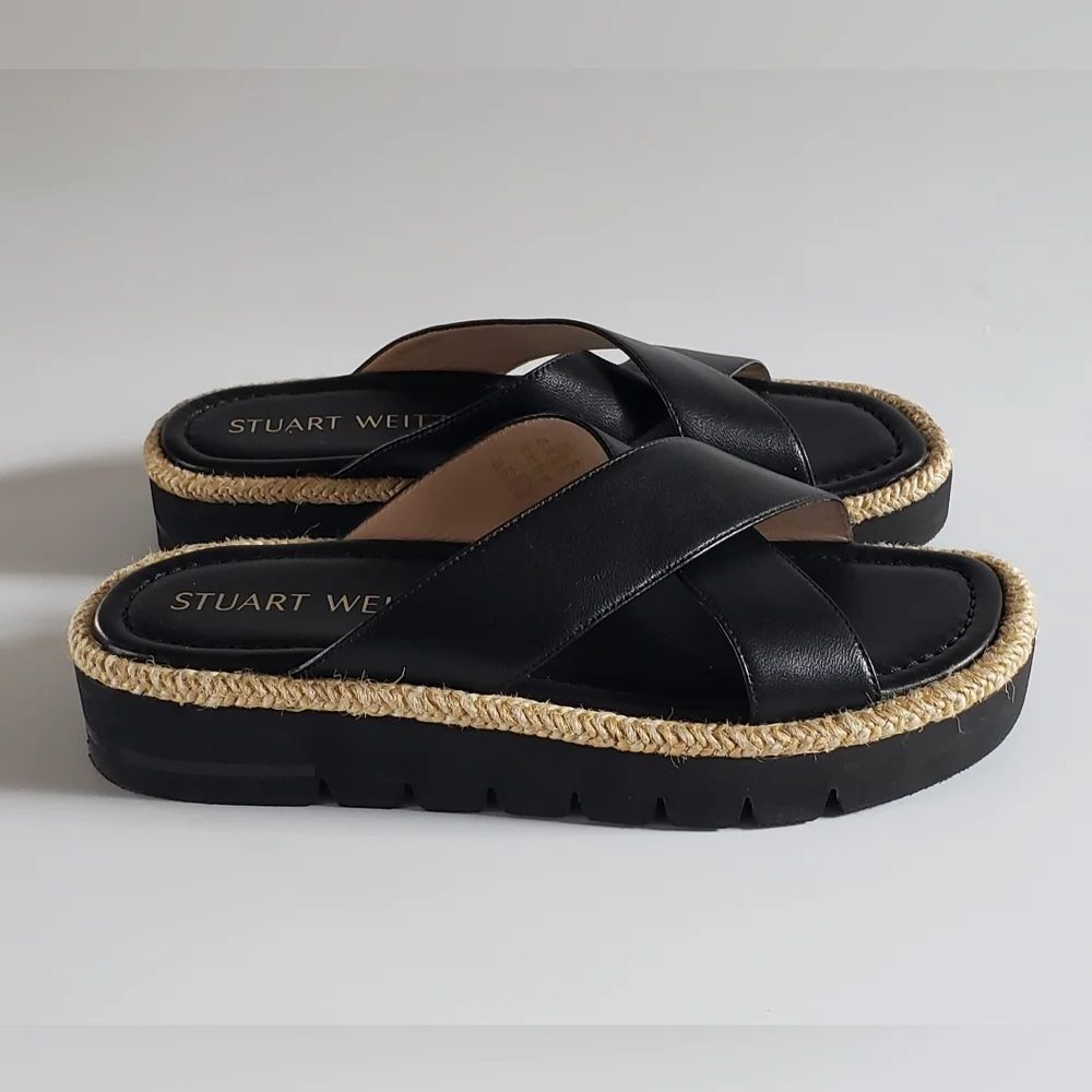 Stuart Weitzman Roza Lift Slide Black Leather Size 7 B